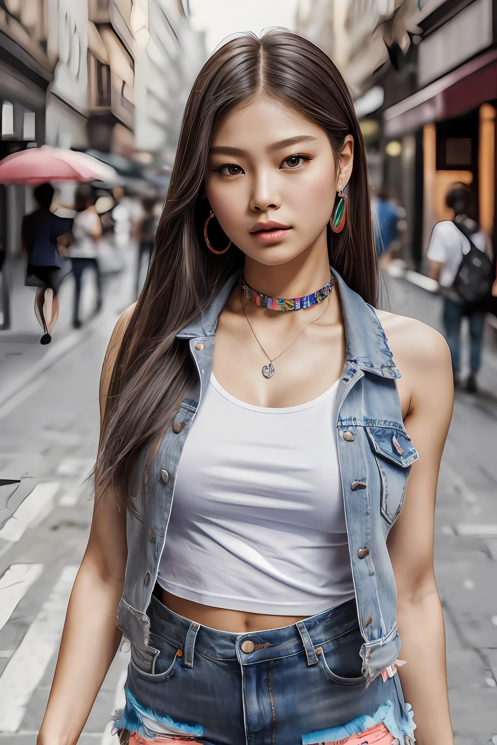 Raw photo ((big chest, soft girl)),(like jennie kim face),(oval face),(chiseled abs: 1.1), (perfect body: 1.1), (grey straight hair: 1.2), auburn hair, collar, chain, full body shot, crowded street, wearing T-shirt tank top, denim jacket, (torn clothes:1.3)((shorts)), (extremely detailed 8k CG wallpaper), (an extremely delicate and beautiful), (masterpiece), (best quality: 1.0), (ultra high res:1.0), beautiful lighting, perfect lighting, realistic shadows, [high res], detailed skin, ultra-detailed (((colorful))), highly realistic,