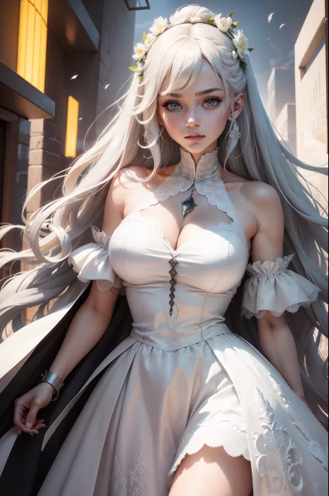 Bridal wedding princess dress, White fluffy skirt,Oversized full-length skirt，Lace，White color hair，blossoms,white long curly hair, Delicate face, Detailed facial details, Beautiful black eyes, Body in perfect proportions, Tattered burnt dress hem, Tear th...