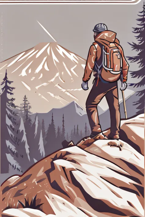 t shirt illustration, streetwear, Style: Minimalist and modern illustration of a lone adventurer trekking up a majestic mountain...