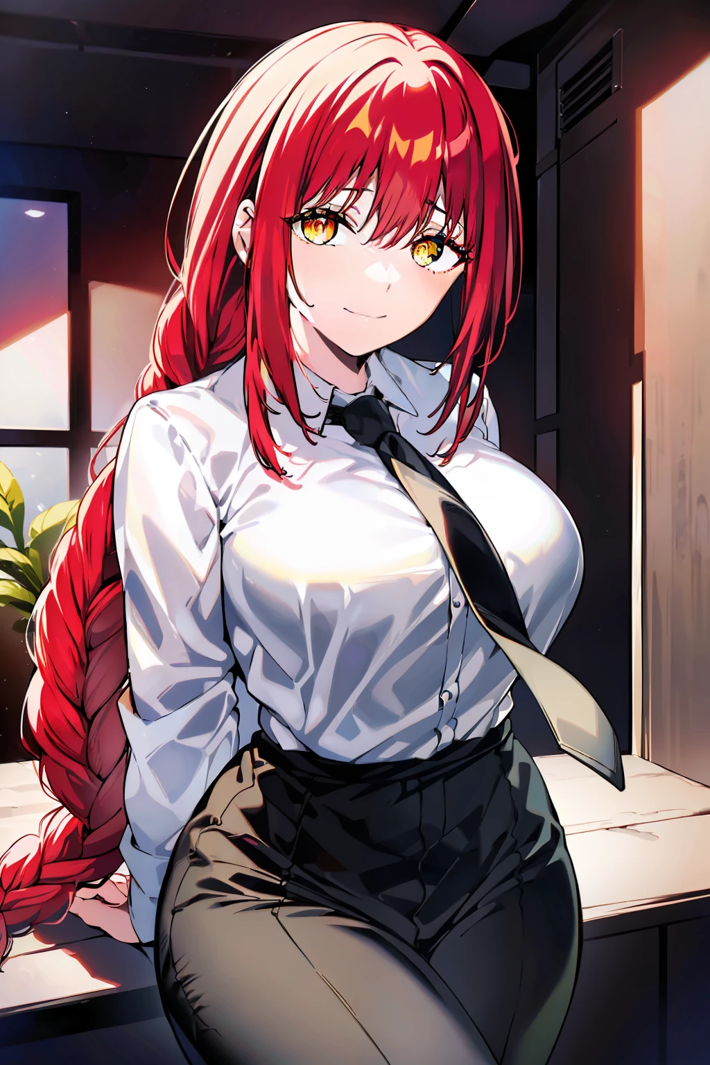 (masterpiece, top quality, best quality, official art, beautiful and aesthetic:1.2),(8k, best quality, masterpiece:1.2), 1woman, mature girl, makima, makimart, (looking at the viewer, cowboy shot, standing:1) (red hair, bright red colored hair, shining bright red hair, long braid behind back, braid with eye length bangs and two longer bangs that frame face, bright crimson shining hair:1.2), (yellow eyes, ringed pupils, shining yellow eyes, yellow shining eyes, patterned pupils, eerie eyes, ominous eyes:1.15), [no blush, confident smile:1.2], [medium breasts:1.3], [sexy, curvy figure:1], (office clothes, white shirt, black necktie, black pants:1.15), (office:1.4)