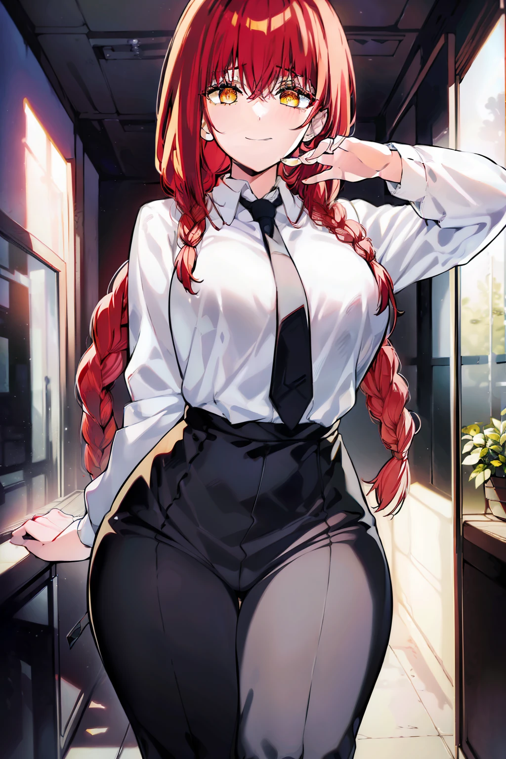 (masterpiece, top quality, best quality, official art, beautiful and aesthetic:1.2),(8k, best quality, masterpiece:1.2), 1woman, mature girl, makima, makimart, (looking at the viewer, cowboy shot, standing:1) (red hair, bright red colored hair, shining bright red hair, long braid behind back, braid with eye length bangs and two longer bangs that frame face, bright crimson shining hair:1.2), (yellow eyes, ringed pupils, shining yellow eyes, yellow shining eyes, patterned pupils, eerie eyes, ominous eyes:1.15), [no blush, confident smile:1.2], [medium breasts:1.3], [sexy, curvy figure:1], (office clothes, white shirt, black necktie, black pants:1.15), (office:1.4)