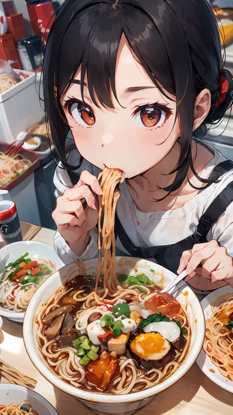 Japan girl eating noodles with chopsticks in plastic container, eating noodles, mukbang, Eating ramen, eating camera pov, eating spaghetti, noodle dish, ❤🔥🍄🌪, real life anime girl, slurping spaghetti, eating spaghetti from a bowl, Eating, chiho, with a str...
