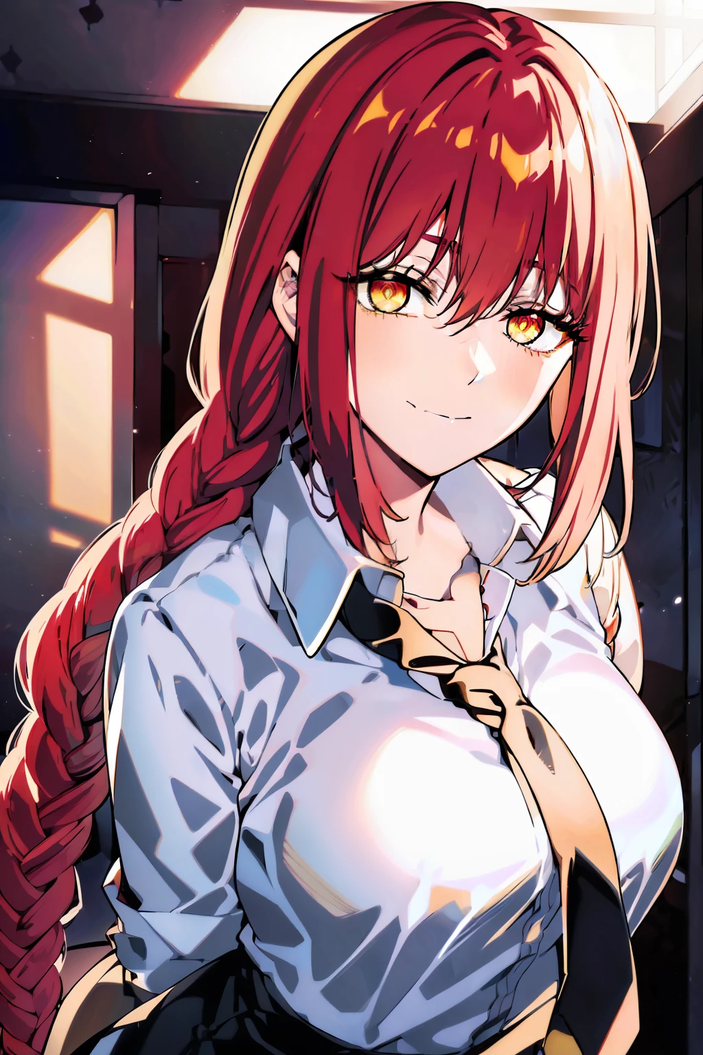 (masterpiece, top quality, best quality, official art, beautiful and aesthetic:1.2),(8k, best quality, masterpiece:1.2), 1woman, mature girl, makima, makimart, (looking at the viewer, cowboy shot, standing:1) (red hair, bright red colored hair, shining bright red hair, long braid behind back, braid with eye length bangs and two longer bangs that frame face, bright crimson shining hair:1.2), (yellow eyes, ringed pupils, shining yellow eyes, yellow shining eyes, patterned pupils, eerie eyes, ominous eyes:1.15), [no blush, confident smile:1.2], [medium breasts:1.3], [sexy, curvy figure:1], (office clothes, white shirt, black necktie, black pants:1.15), (office:1.4)