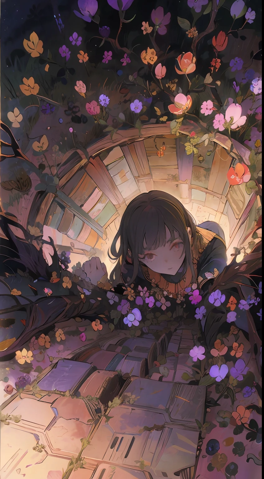 schoolgirls，Broken footage，lies on the ground，Look down from above，down view，The Witch，a color，nakeness，blossoms，grape trees，burial site，tombs，Spooky，earthy，deep dark background，the complex background，rich details​，A high resolution，tmasterpiece，Storytelling images，