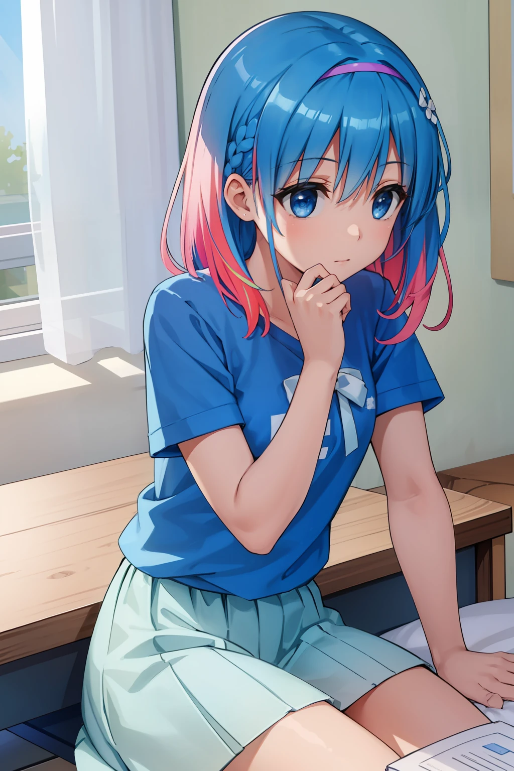 one-girl, Wear blue short sleeves, blue color eyes, on top of the bed,pillow head, Study desk, janelas, rays of sunshine, multicolored hair, bow hair band, hyper HD, Masterpiece, ccurate, High details, Best quality