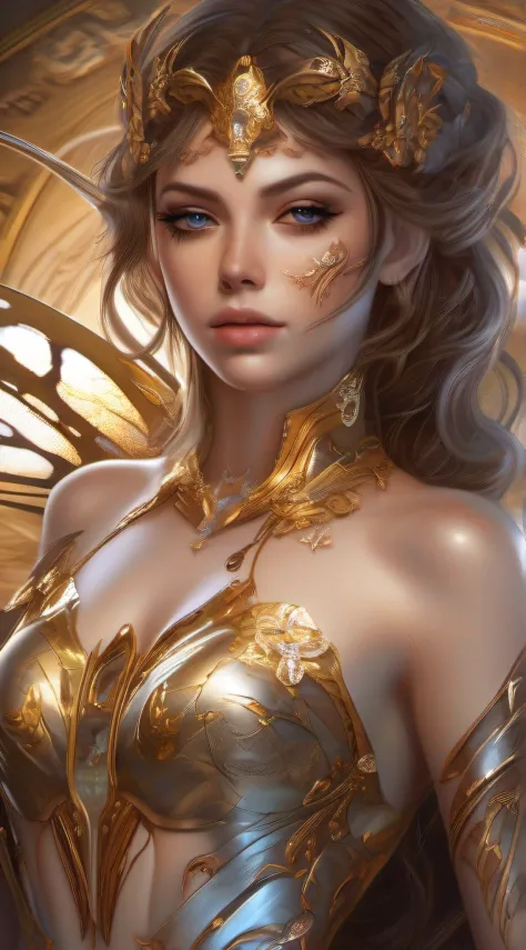 photo, 8k portrait of beautiful cyborg with brown hair, intricate, elegant, highly detailed, majestic, digital photography, art by artgerm and ruan jia and greg rutkowski surreal painting gold butterfly filigree, broken glass, (masterpiece, sidelighting, f...