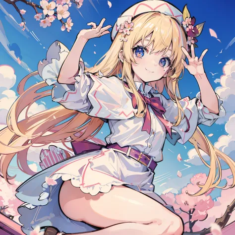 Lily White in a lively pose, masterpiece, fine detail, 4k, 8k, 12k, solo, 1 person, beautiful girl, white female, loli, 8 years old, Lily White, blonde, smile, blue sky, air, flying pigeons, spring, cherry blossom petals