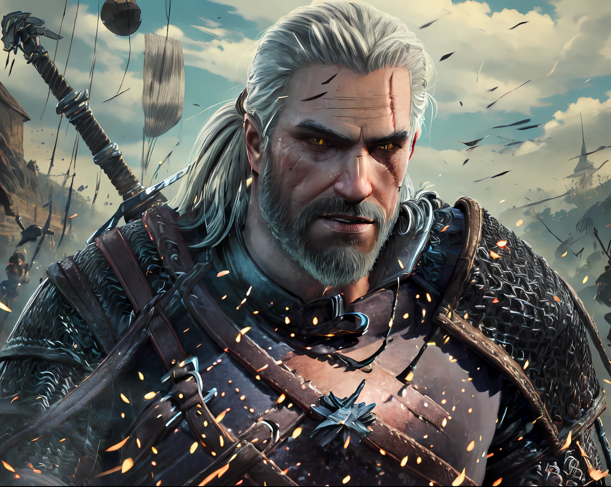 (masterpiece, top quality, best quality, official art, detailed:1.2),geraldoW3, solo, upper body, ponytail, weapon, grey hair, male focus, sword, armor, facial hair, holding sword, beard, realistic, chainmail, medallion