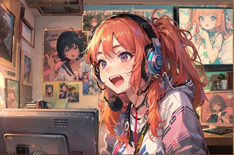 a teenage anime girl video-calling her friend on her computer, excitedly saying "hello" as the call connects. her room is filled...