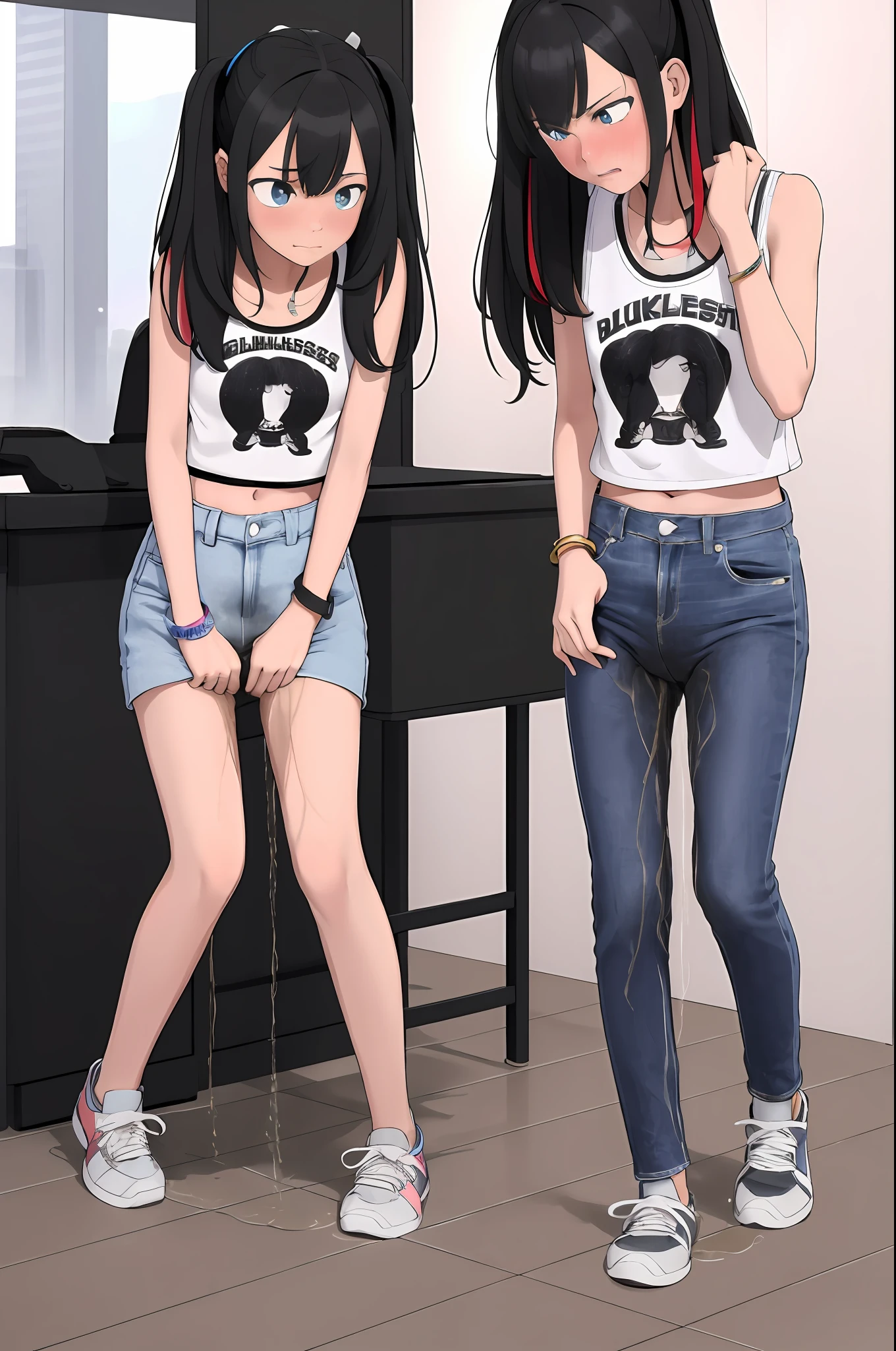 Anime girl with black hair and blue jeans standing next to a desk - SeaArt  AI