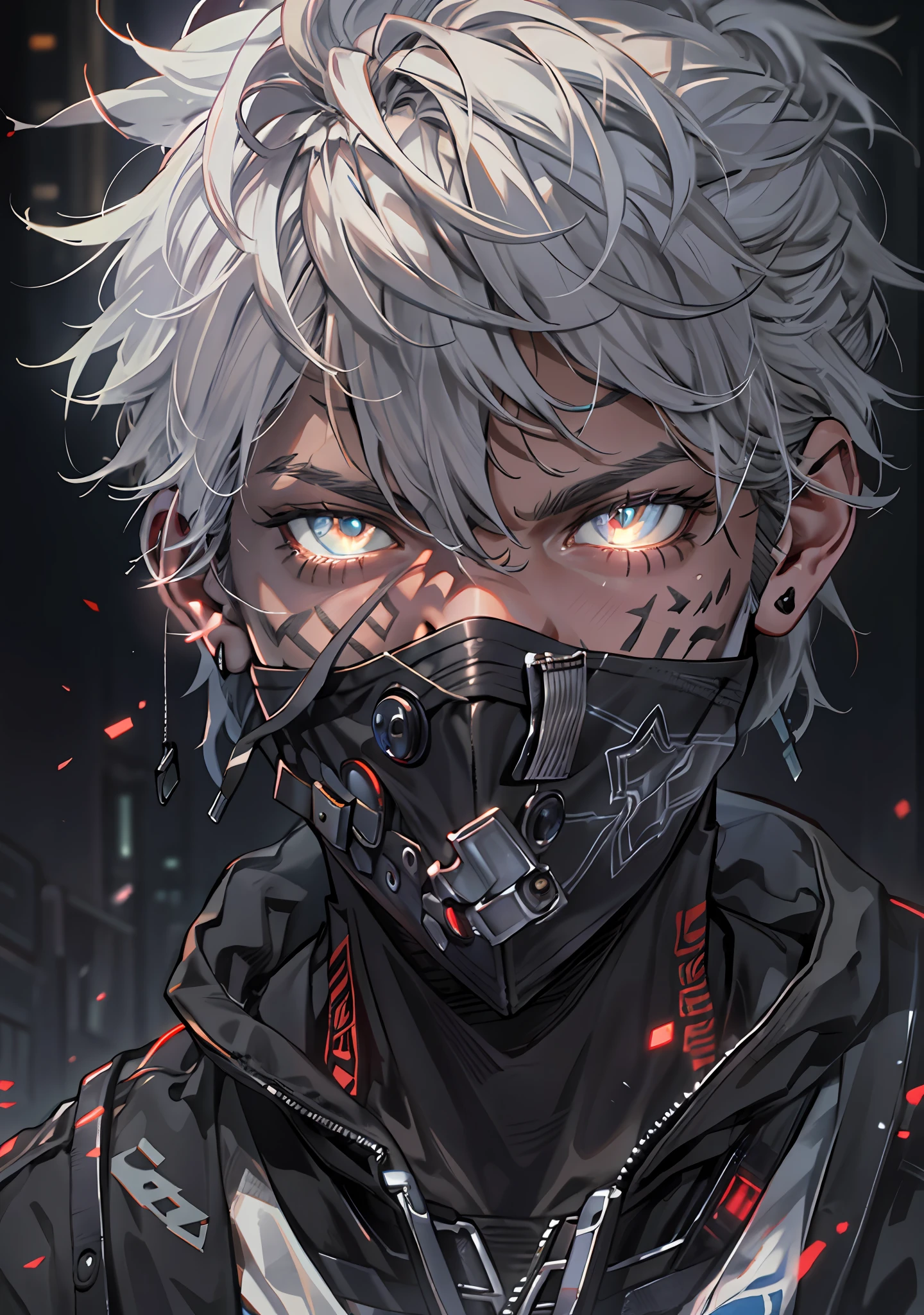 ultra detail, high resolution, ultra detailed, best quality, amazing, top quality, extremely detailed CG 8k wallpaper unit, cinematic lighting, cyberpunk, dark boy, trash gang face mask, 18 white haired boy, blind with a black bandana covering his eyes