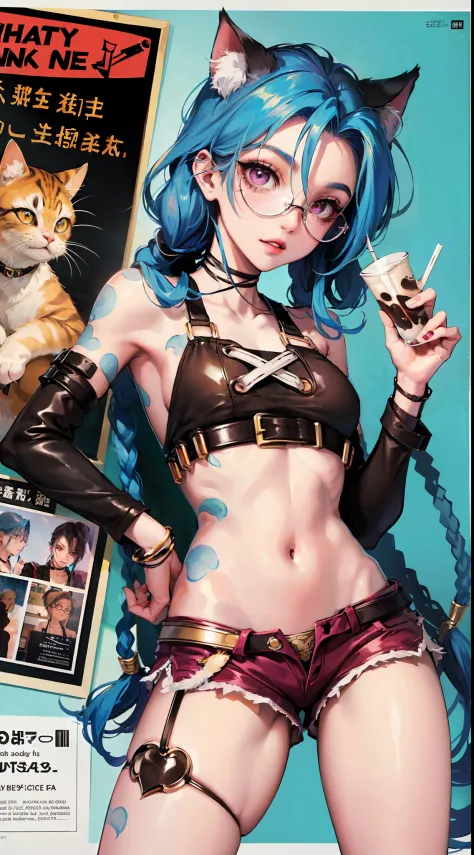 Jinx,Fleshy thighs，Poster publicity style，poster background，C cup，wears glasses，Ultra shorts，milk tea，baby cats