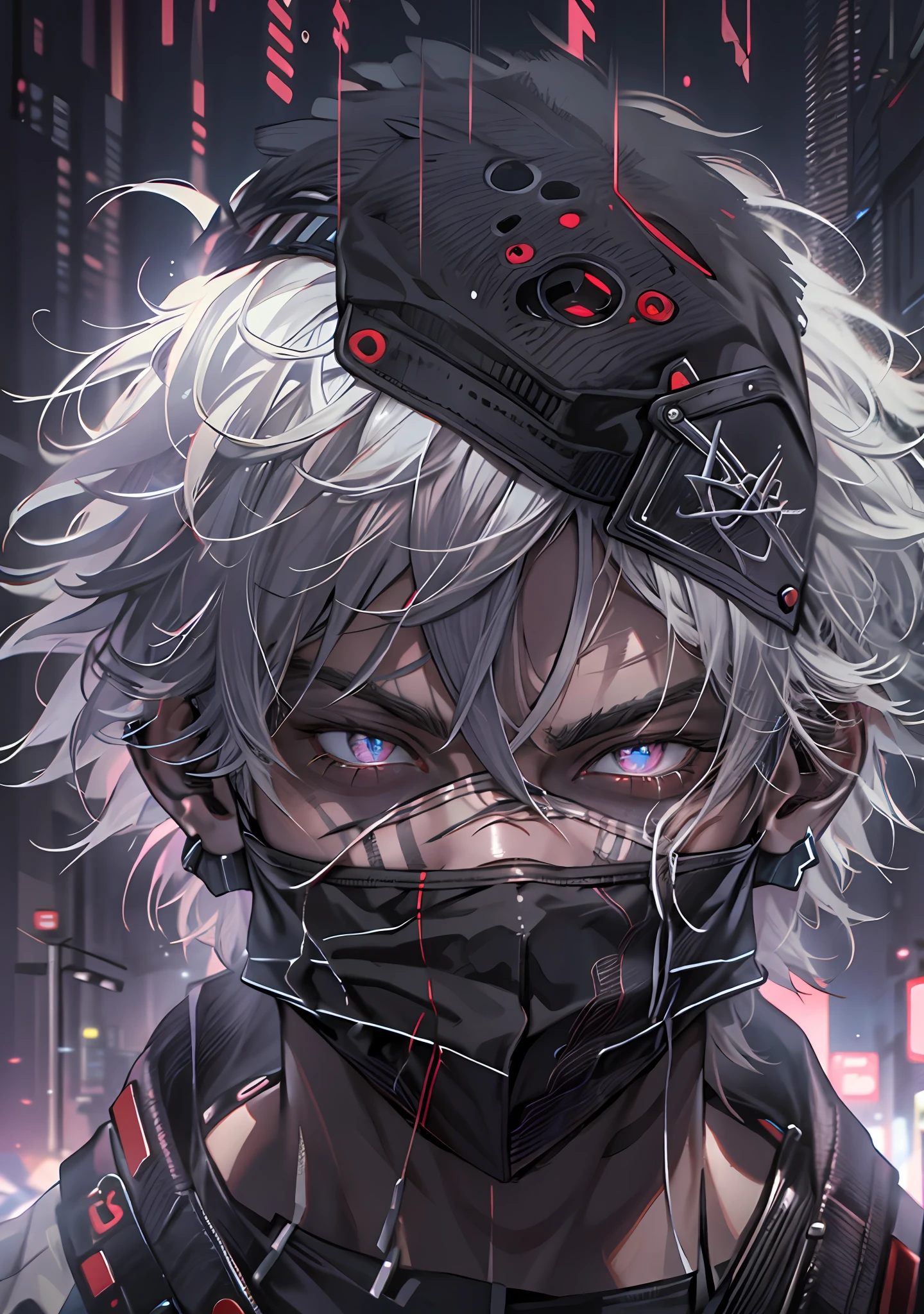 ultra detail, high resolution, ultra detailed, best quality, amazing, top quality, extremely detailed CG 8k wallpaper unit, cinematic lighting, cyberpunk, dark boy, trash gang face mask, 18 white haired boy, blind with a black bandana covering his eyes