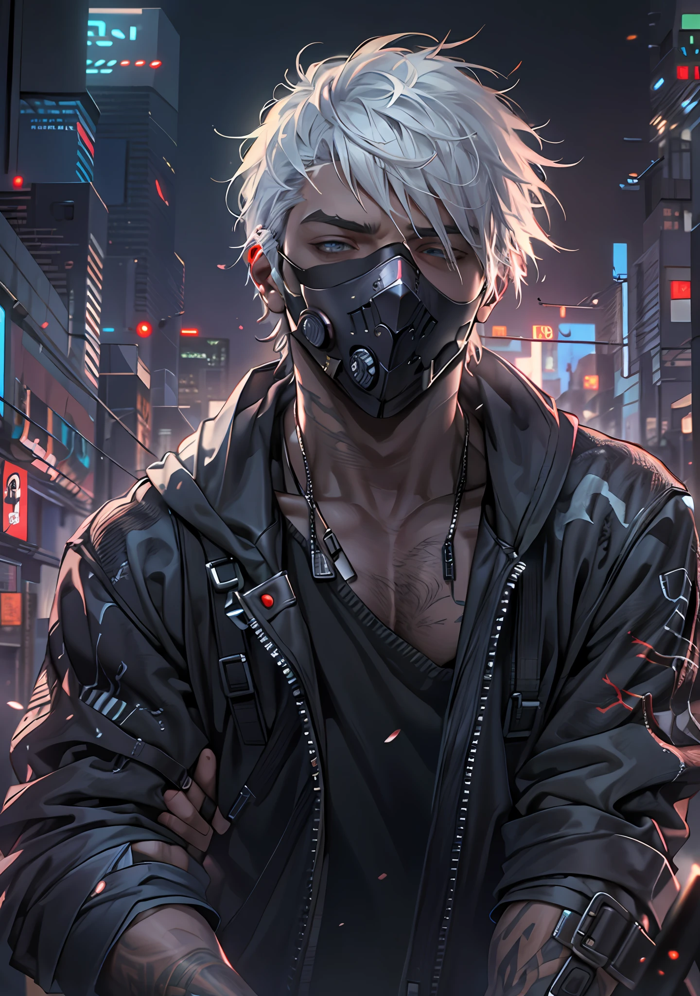 ultra detail, high resolution, ultra detailed, best quality, amazing, top quality, extremely detailed CG 8k wallpaper unit, cinematic lighting, cyberpunk, dark boy, trash gang face mask, 18 white haired boy, blind with a black bandana covering his eyes