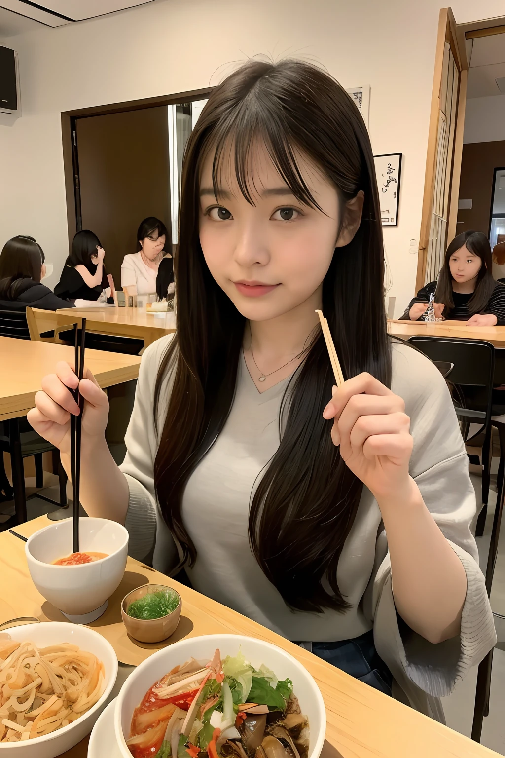 Woman holding chopsticks in front of bowl of food, chiho, Ayaka, narumi kakinouchi, harumi, shikamimi, Chiho Ashima, nishimiya shouko, Yuka Kazami, Aoi Ogata, 奈良美智, tsutomo nihie, Shiori Teshirogi