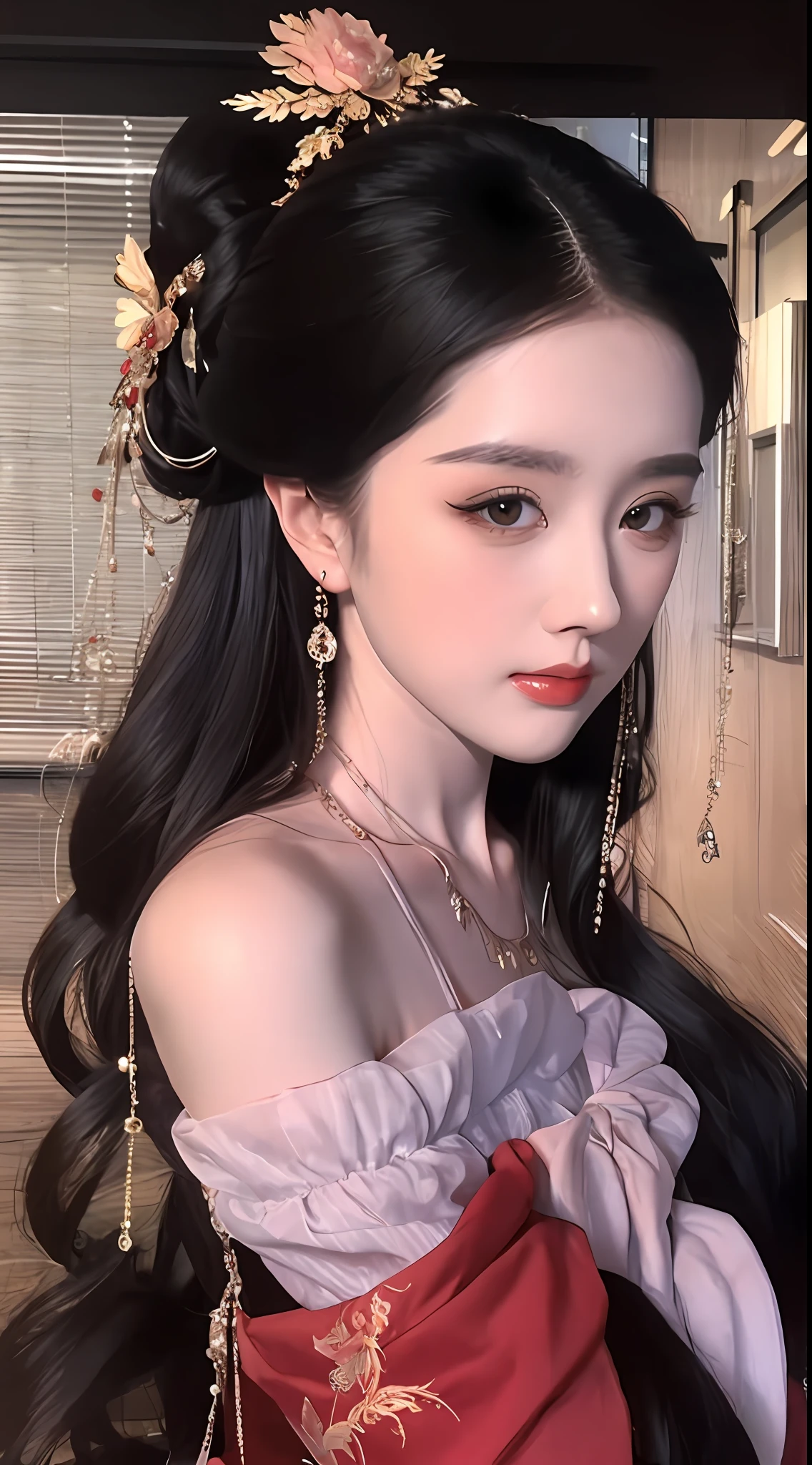 best quality, masterpiece, highres, 1girl, hanfu, lingerie china, hair ornament, necklace, jewelry, Beautiful face, upon_body, tyndall effect, photorealistic, dark studio, rim lighting, two tone lighting, (high detailed skin:1.2), 8k uhd, dslr, soft lighting, high quality, volumetric lighting, candid, Photograph, high resolution, 4k, 8k, Bokeh, (light pink lips), 1 beautiful devil woman from hell, In the Dark: 1.6), surreal female portrait by David Hockney and Alphonse Mucha, fantasy art, photorealism, dynamic lighting, artstation, volumetric lighting, very detailed faces, 8k ultra, Awarded, in the dark, deep shadow, low key, cowboy lens, (Red phoenix dress: 1.4), long hair, black hair, no facial hair, bust, luxurious palace, Royal style, devil crown, red eyes make up very sharp and detailed, The most beautiful face, The breasts are very big and round and round, Super realistic, chinese women's clothing, polo neck sweater, Charming smile, The eyes are very well made up, guweiz, devil style, wearing black mesh socks, Ponytail with a bow tied at the back of the hair, Red black lips, Devil tattoo on shoulder, wearing a thin red and black, robe, the landscape is overcast and thunderous, (Portrait), Close-up of the main character, (Background details 1.8),