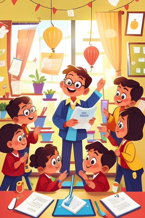 Plug in，Teacher's Day，（A teacher）Give at the podium（Little ones），There are windows，Sunlight and balloons，a warm color palette，Best quality at best，Clear details