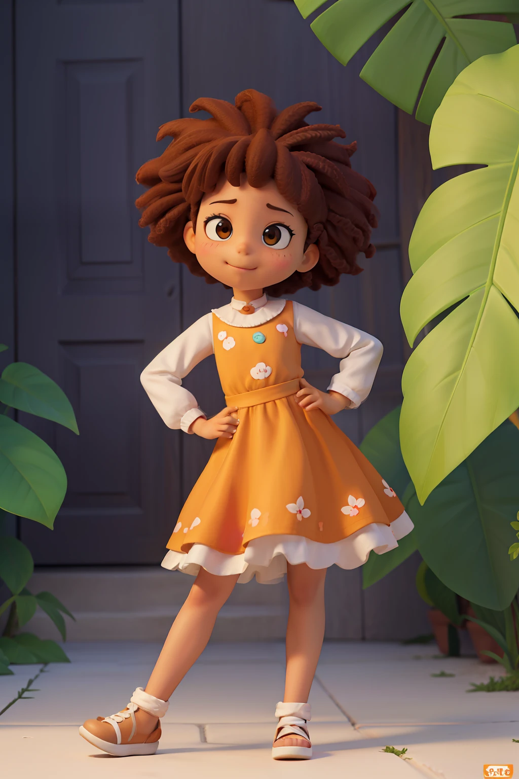 Chibi fille couleur café brûlé par le soleil, heureux 15 ans (brun:1) Afro: 1.25 styles Pixar: 1.25 Afro: 2.40 (((seul))) cheveux bouclés: 2.3, (tout le corps: 2.32) porter une robe à fleurs et des chaussures noires,, Les cheveux ébouriffés par le vent, dessin animé assis dans une rue de la ville, art numérique détaillé bonito, peinture numérique adorable, Illustration de style dessin animé, illustration numérique stylisée, superbe illustration numérique, bel art numérique, art de peinture numérique de dessin animé, Peinture numérique de dessin animé 3D, belle illustration numérique, Art sur Artstation, illustration numérique détaillée, art numérique détaillé, illustration numérique, illustration numérique exquise, 8k