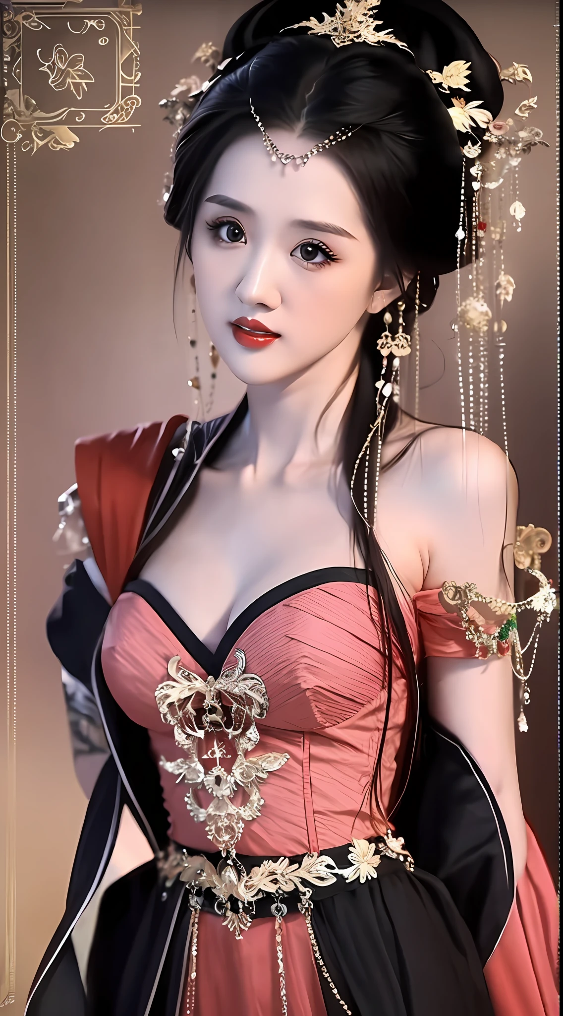 best quality, masterpiece, highres, 1girl, hanfu, lingerie china, hair ornament, necklace, jewelry, Beautiful face, upon_body, tyndall effect, photorealistic, dark studio, rim lighting, two tone lighting, (high detailed skin:1.2), 8k uhd, dslr, soft lighting, high quality, volumetric lighting, candid, Photograph, high resolution, 4k, 8k, Bokeh, (light pink lips), 1 beautiful devil woman from hell, In the Dark: 1.6), surreal female portrait by David Hockney and Alphonse Mucha, fantasy art, photorealism, dynamic lighting, artstation, volumetric lighting, very detailed faces, 8k ultra, Awarded, in the dark, deep shadow, low key, cowboy lens, (Red phoenix dress: 1.4), long hair, black hair, no facial hair, bust, luxurious palace, Royal style, devil crown, red eyes make up very sharp and detailed, The most beautiful face, The breasts are very big and round and round, Super realistic, chinese women's clothing, polo neck sweater, Charming smile, The eyes are very well made up, guweiz, devil style, wearing black mesh socks, Ponytail with a bow tied at the back of the hair, Red black lips, Devil tattoo on shoulder, wearing a thin red and black, robe, the landscape is overcast and thunderous, (Portrait), Close-up of the main character, (Background details 1.8),