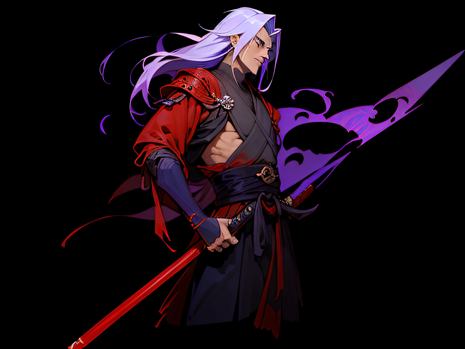 Character from the 2D hero game , Black haired man , A demonic arm in red ,Samurai Ronin based on Vagabond&#39;s Musashi Miyamoto ,por boichi , ombre , (character design sheet, same character full body, 正面, boku, back)