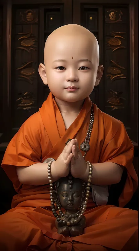 Image of Alafard of a little boy with a bald head and necklace, monk clothes, buddhist monk, monk meditation, Buddhist, portrait...