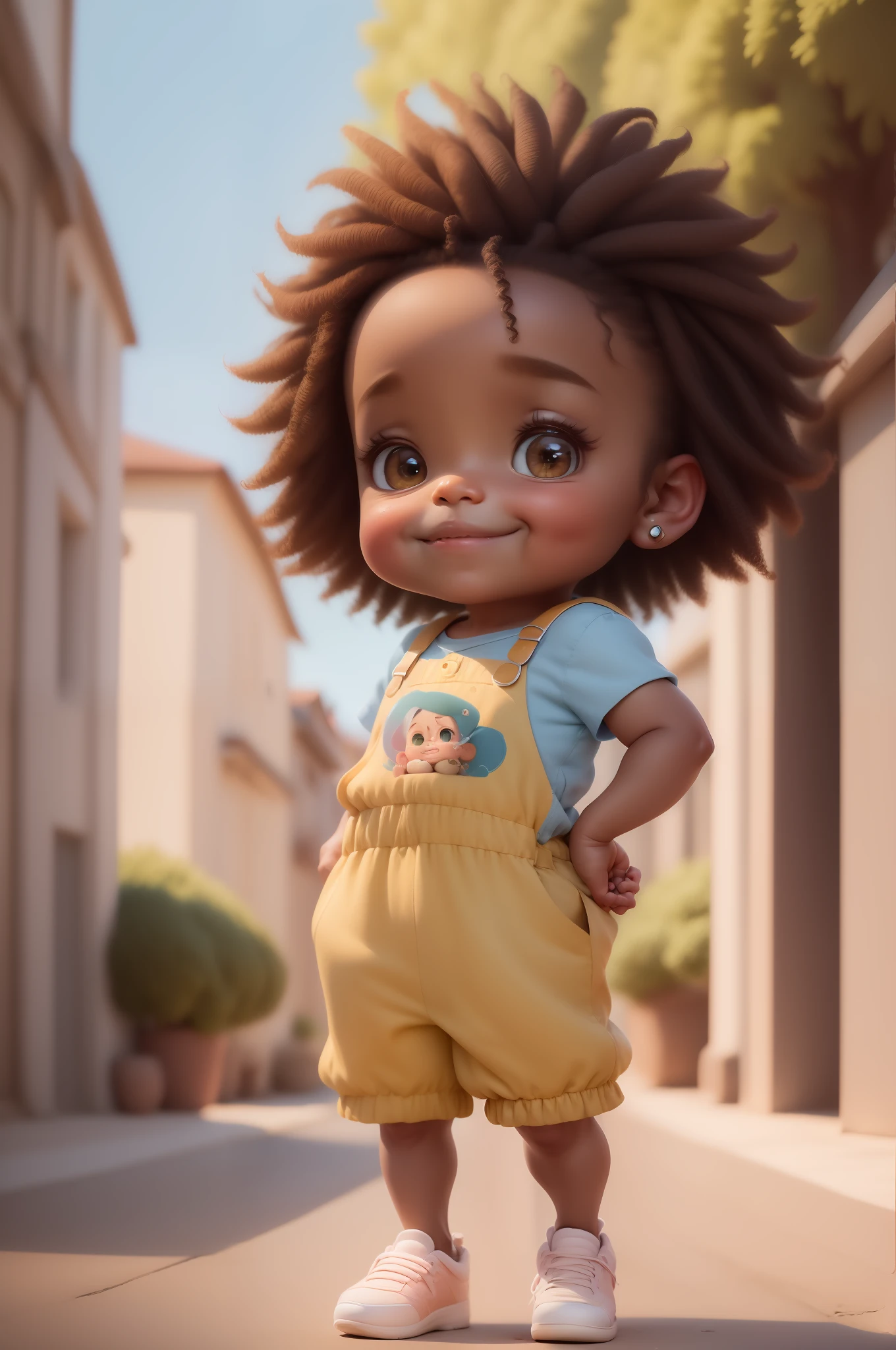 Chibi menina cor marrom:5, coffee color:2 queimado pelo sol, feliz de 15 anos (marrom:1) afro: 1.25 Estilo Pixar: 1.25 afro: 2.40 (((sozinho))) cabelos cacheados: 2.3, (corpo inteiro: 2.32) vestindo vestido floral sapato preto,, Hair messed up by the wind, desenho animado sentada numa rua da cidade, arte digital detalhada bonito, painting digital adorable, Cartoon style illustration, stylized digital illustration, stunning digital illustration, bela arte digital, arte de pintura digital dos desenhos animados, pintura digital dos desenhos animados 3D, Beautiful digital illustration, Arte infantil em Artstation, detailed digital illustration, arte digital detalhada, digital illustation, exquisite digital illustration, 8k