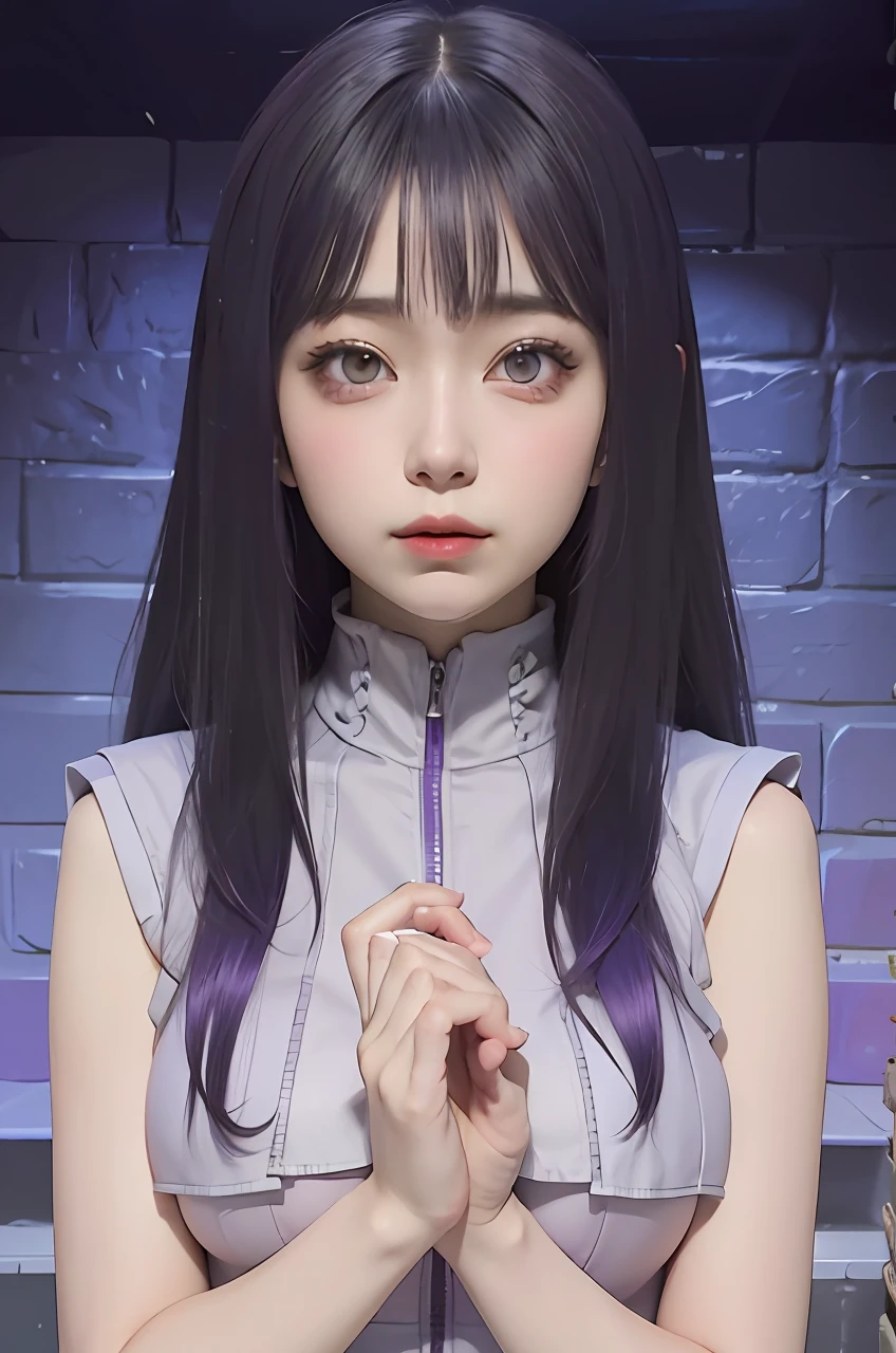 1girl, hyuga hinata, purple hair, white eyes, long hair, purple clothes, big breasts, realistic, ultra detail, indoor background