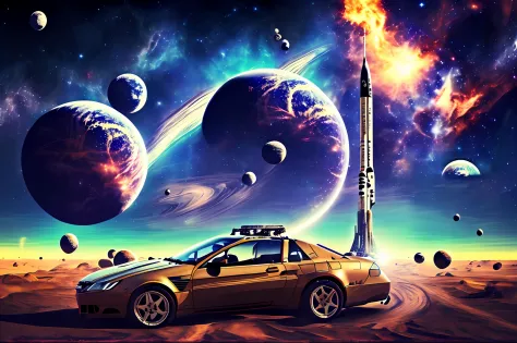 space stars moon space station,Space background on which a rocket flies in the distancie, an alien driving a car, Brazil aesthetics --auto --s2