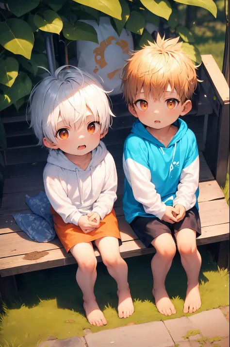 2 chubby Little boys with White hair and shiny orange eyes and barefoot wearing a oversized hoodie sitting on a field, blushing,...