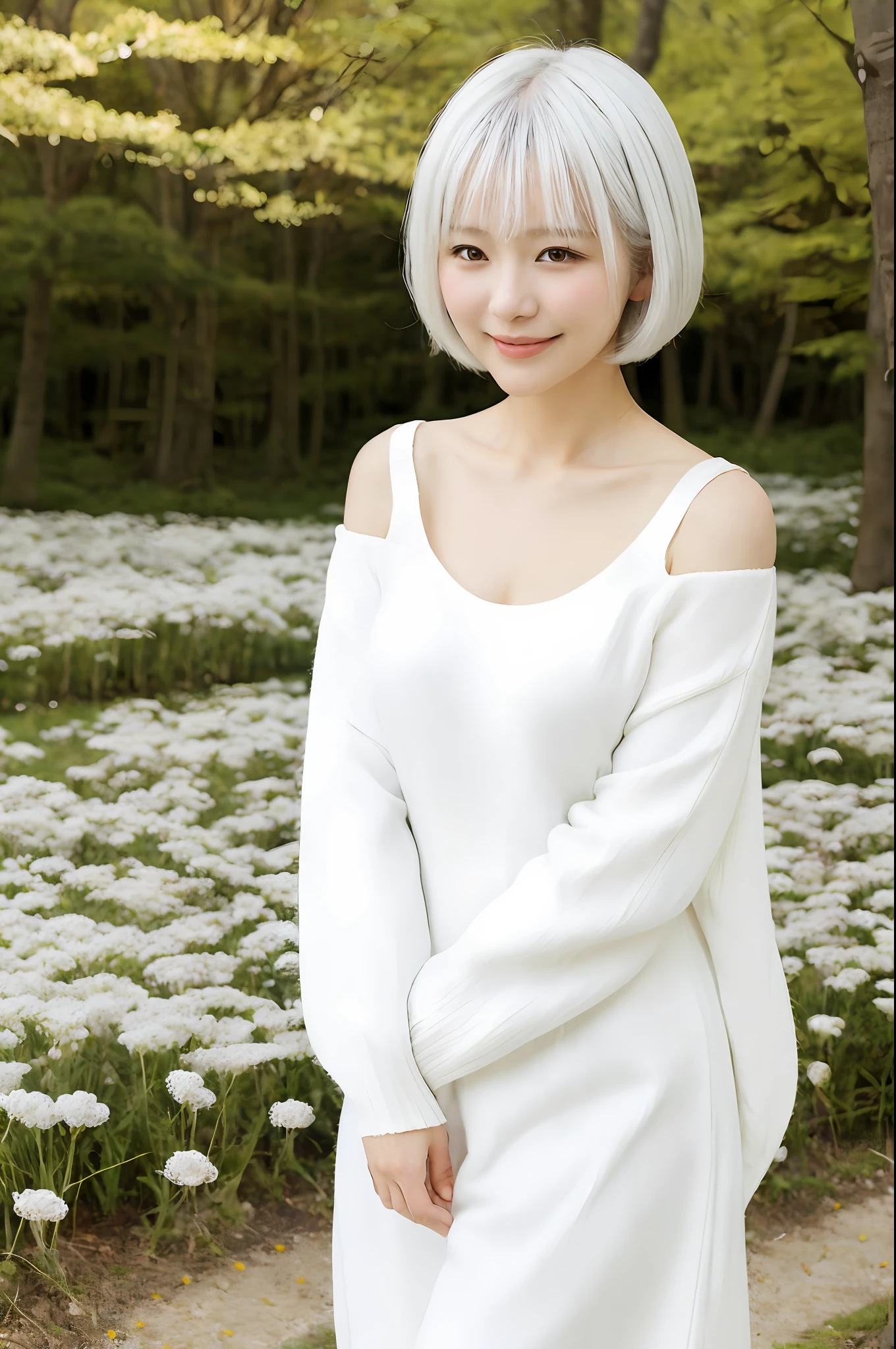 A japanese woman stands in a park where white clover blooms all around, a forest can be seen in the background, exquisite and beautiful face, exquisite collarbone, seductive and delicate collarbone, charming A japanese woman stands in a park where white clover blooms all around, a forest can be seen in the background, exquisite and beautiful face, exquisite collarbone, seductive and delicate collarbone, charming fragrant shoulders, shoulders slightly exposed,  open-shoulder long sweater,sky blue sweater, pretty face, peach Red lips, tender and smooth skin,(white skin:1.6),black hair,(bob hair:1.2), short hair,(smile:1.2),smile with teeth, white teeth,very realistic details,  ultra-high resolution,bokeh,outstanding details, 8K, pigeon chest, full body