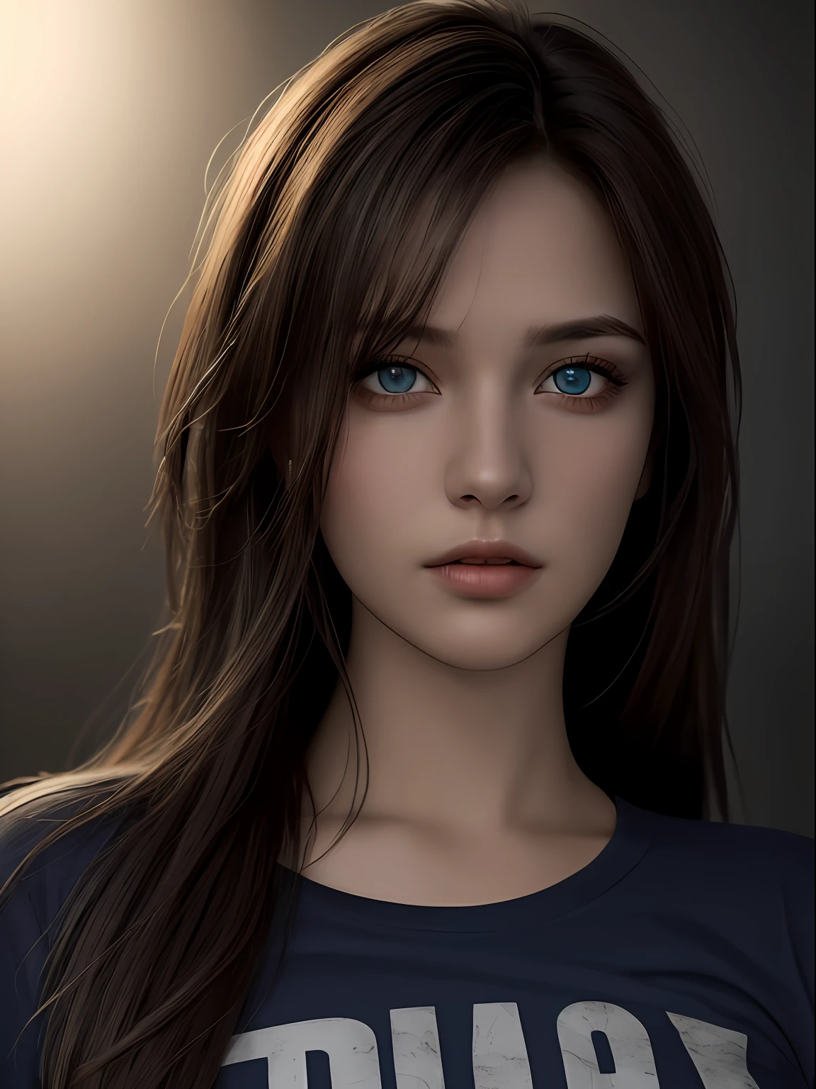 Best quality, masterpiece, ultra high res, (photorealistic:1.37), raw photo, 1girl, long hair, beautifull eyes,  beautifull face, detailed eyes and face, t-shirt, dynamic lighting, in the dark, deep shadow, low key, cowboy shot