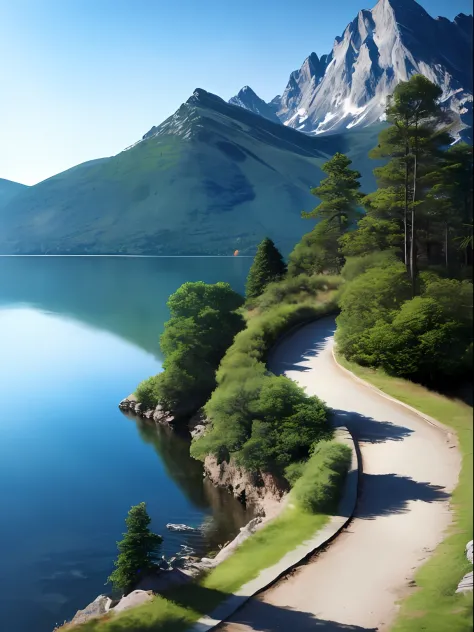 a beautiful mountain with lake, (masterpiece), (portrait), (raw photo), (extremely detailed cg unity 8k wallpaper) intricate, sh...