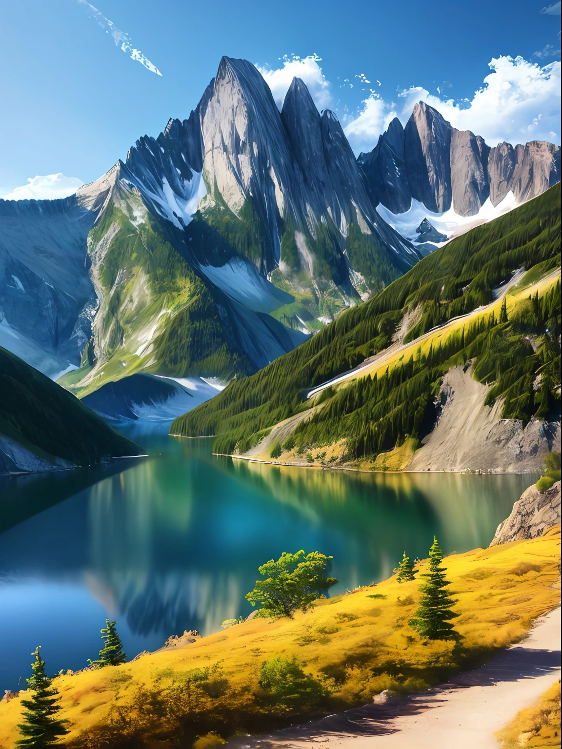 a beautiful mountain with lake, (masterpiece), (portrait), (raw photo), (extremely detailed CG unity 8k wallpaper) Intricate, Sharp focus, dramatic, photorealistic  art