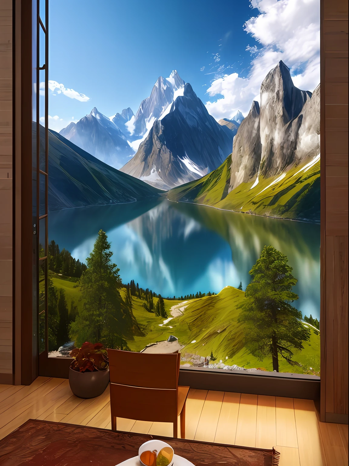 a beautiful mountain with lake, (masterpiece), (portrait), (raw photo), (extremely detailed CG unity 8k wallpaper) Intricate, Sharp focus, dramatic, photorealistic  art