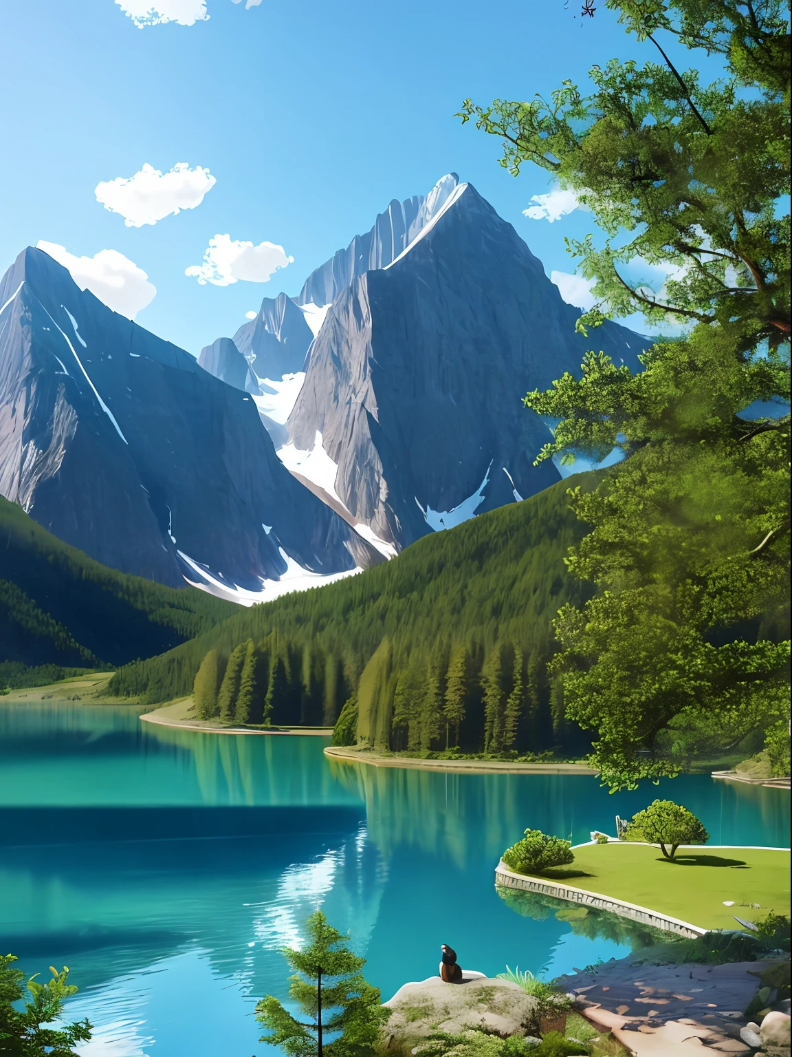 "A breathtaking mountain landscape with a serene lake, portraying the essence of nature's beauty, capturing every intricate detail in an unbelievably realistic and detailed CG artwork."