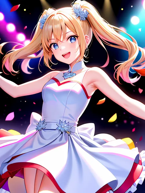 anime of girls dancing in white dresses, stage,dyna，having fun，cheerfulness， fault art, color difference, no one knows the futur...