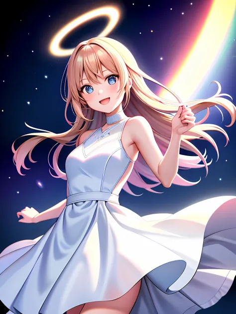 anime for girls dancing in white dresses, stage,overhead halo，dyna，having fun，cheerfulness，hitch， fault art, color difference, n...