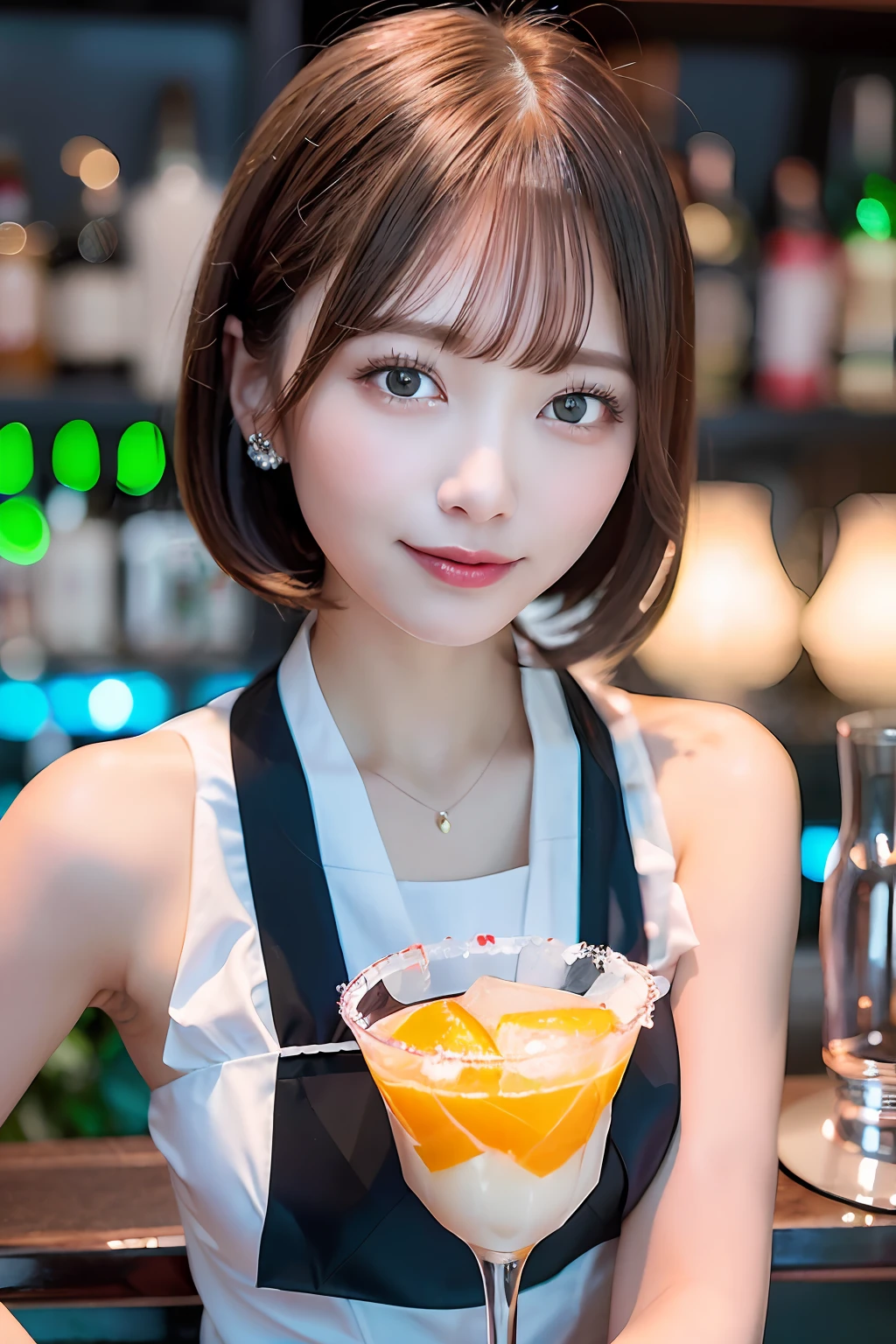 (Female bartender serving beautiful cocktails at dimly lit bar counter,),(( White and black bartender uniform,))、Japan Idol Girl、A smile、(Reddish brown straight bob cut hair、hair pin)、huge-breasted、(((Pour the ice cubes into a shiny glass container,、Enjoy a colorful blue cocktail inspired by summer,))),Beautiful fingers,Beautiful fingertips,gazing at viewer、