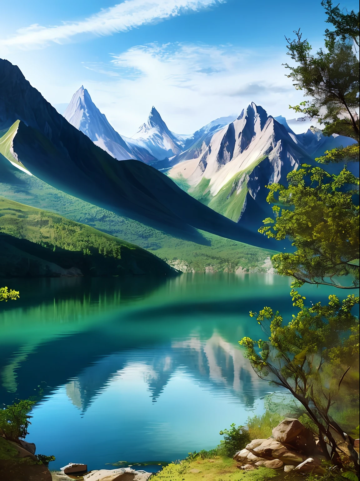 "A breathtaking mountain landscape with a serene lake, portraying the essence of nature's beauty, capturing every intricate detail in an unbelievably realistic and detailed CG artwork."