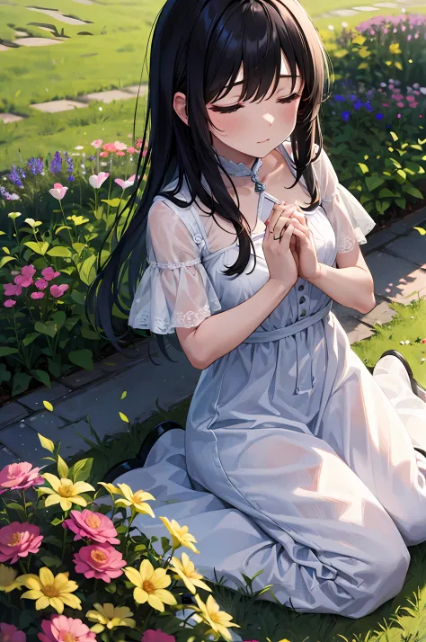 Top quality, intricate detail, absurdres, very precise detailed, extremely detailed 8K wallpaper, (black hair), BREAK, white dress, flat_chest, BREAK, flower garden, praying, The girl is praying, own hands together:1.5), (wariza:1.1), closed eyes,