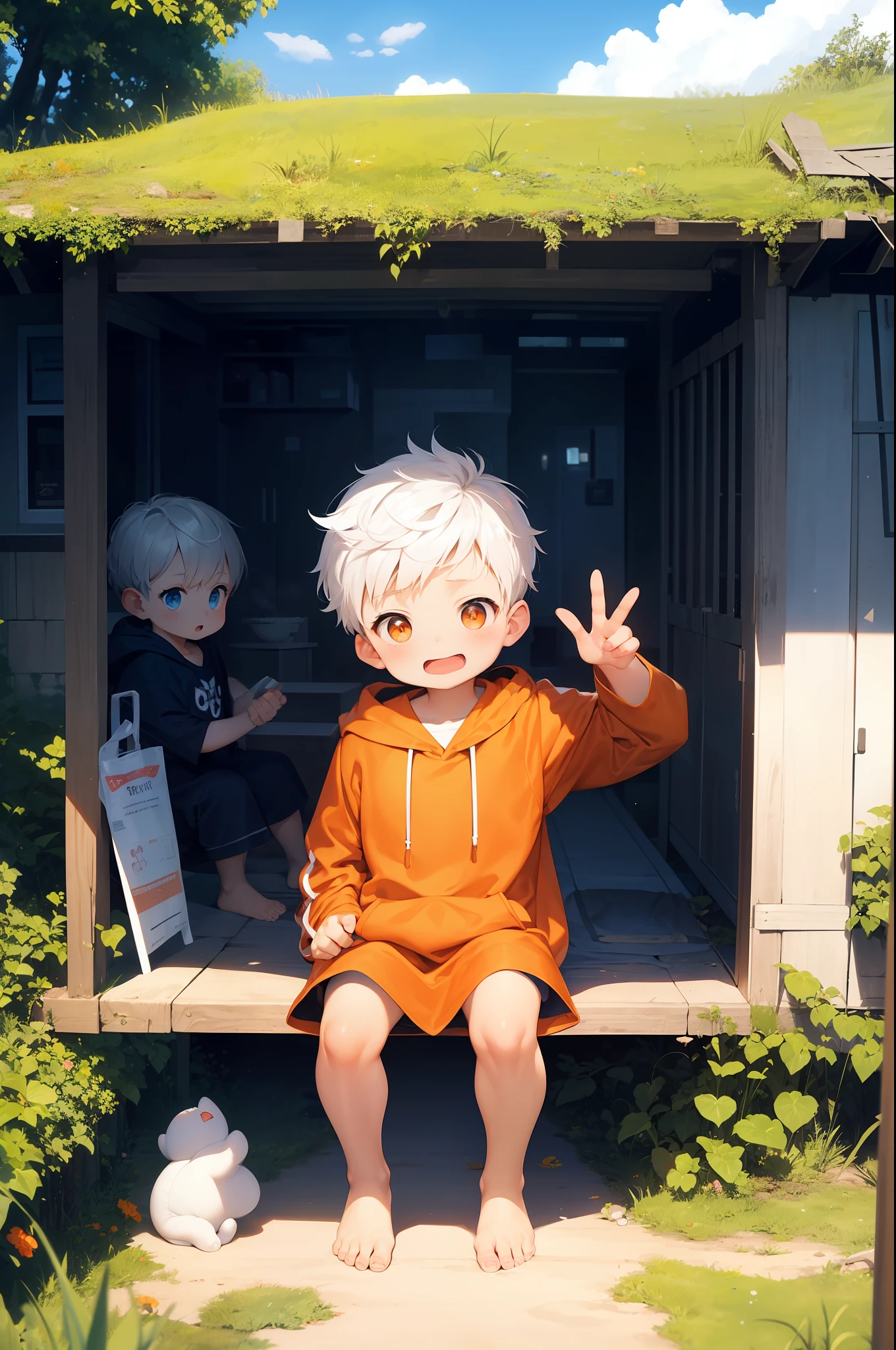 2 chubby Little мальчикs with White hair and shiny orange eyes and barefoot wearing a oversized hoodie sitting on a field, краснея, пускает слюни, молодой, мальчик, , маленький, ребенок, начинающий ходить