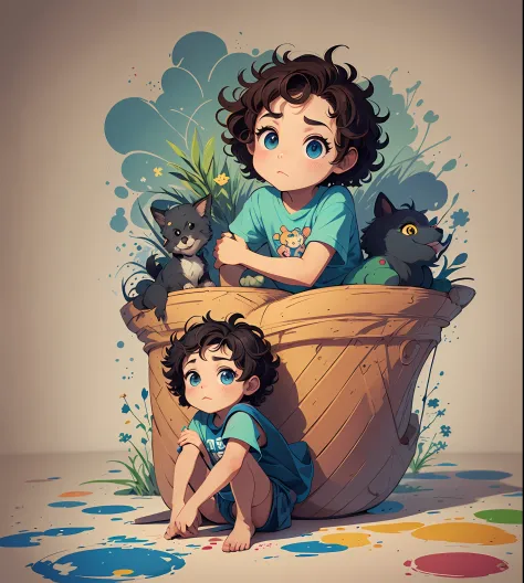 cartoon boy with curly hair and a dog sitting on the floor, painting digital adorable, official illustration, arte conceitual do...