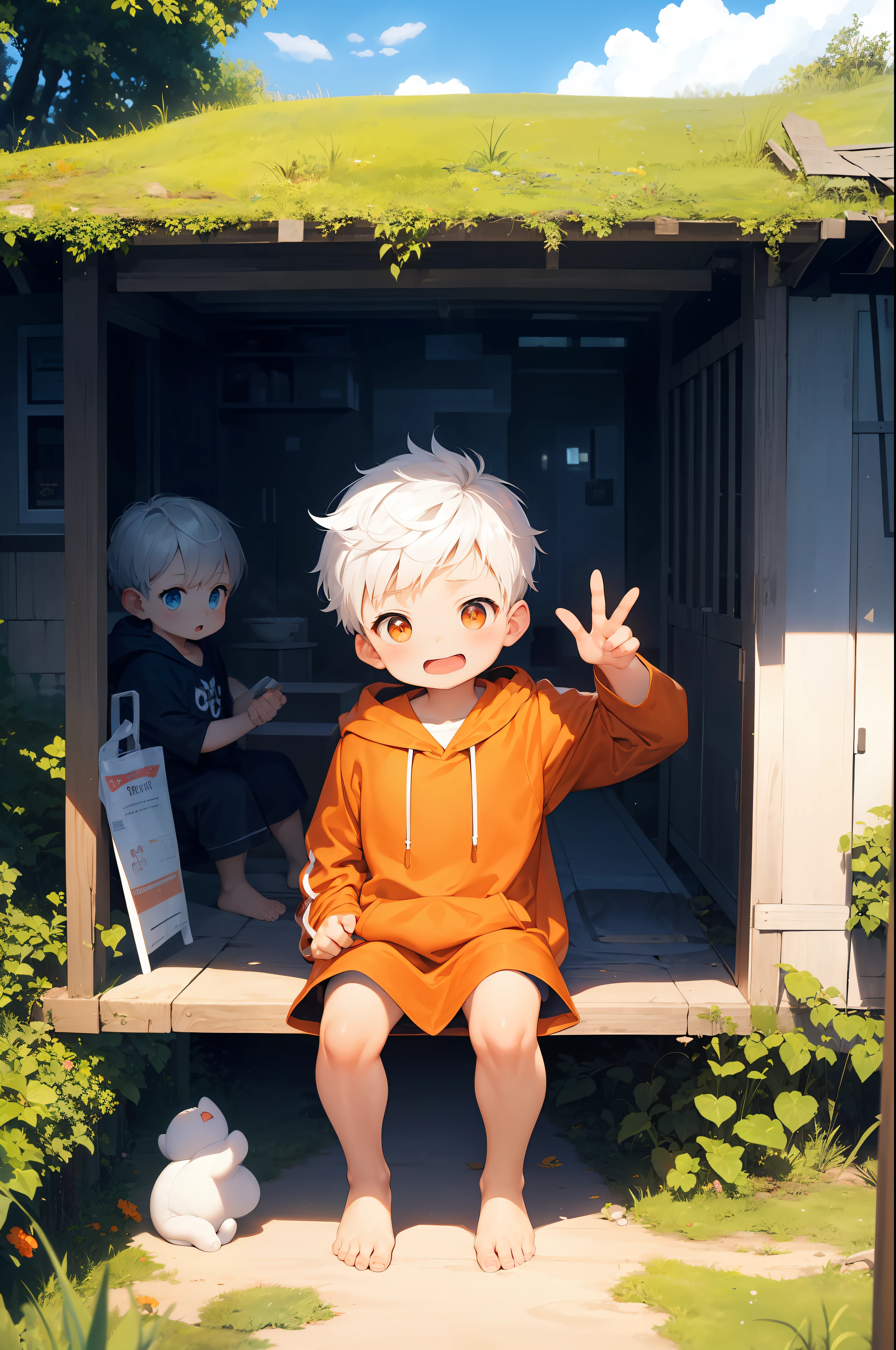 2 chubby Little Garotos with White hair and shiny orange eyes and barefoot wearing a oversized hoodie sitting on a field, rubor, babando, jovem, Garoto, criança, pequeno, criança pequena