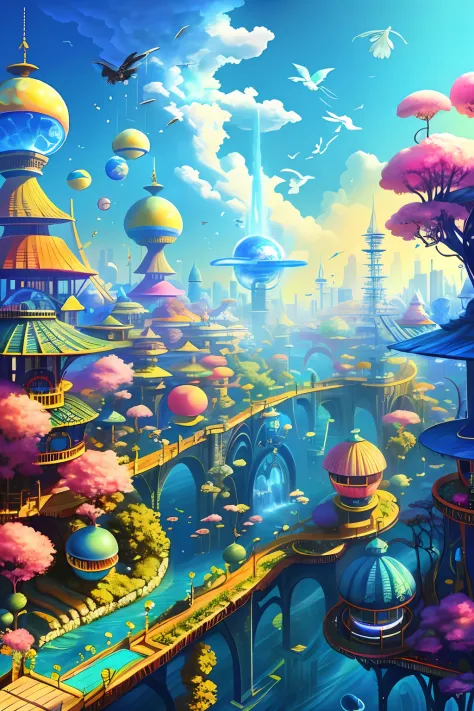 sense of science and technology，city in colorful fantasy style，flowingwater，skysky，blue-sky，baiyun，living，flying birds