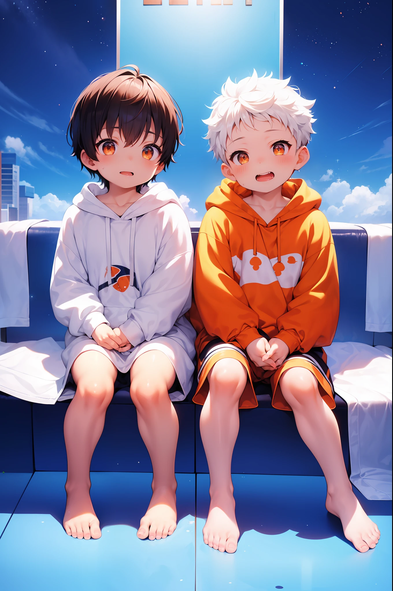 2 chubby Little Garotos with White hair and shiny orange eyes and barefoot wearing a oversized hoodie , e calças de moletom grandes sentadas em um campo, rubor, babando, jovem, Garoto, criança, pequeno, criança pequena, brilhos caindo do céu, noite