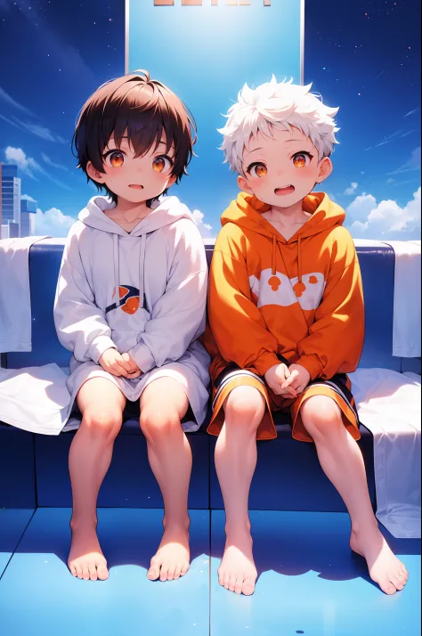 2 chubby Little boys with White hair and shiny orange eyes and barefoot wearing a oversized hoodie , and oversized sweatpants si...