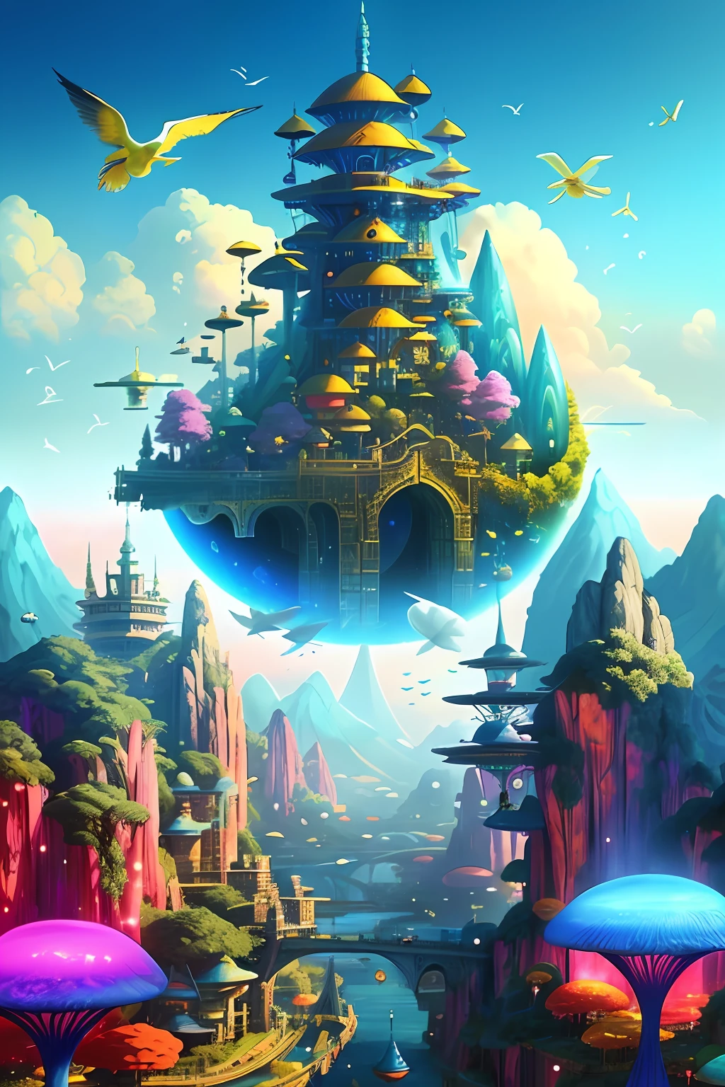 sense of science and technology，Huge city in colorful fantasy style，flowingwater，Skysky，blue-sky，baiyun，Living，Flying birds，massive city，Giant screen，visual shock，Pedestrians coming and going