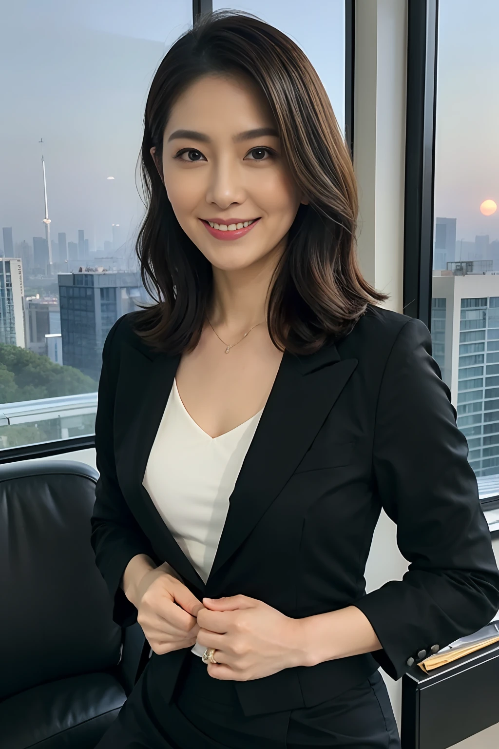 top-quality, (Hairstyle is straight), (Tight black suit jacket), (Tight black suit skirt),(White camisole in satin material), (Glossy white camisole), (Glossy black suit), (black business suits), A smile:0.25, Bewitching face:0.5, Hair color is brown close to black, beautiful japanese female, (30-years old:0.75), (35 year old:0.5), Dark eyeliner, (ultra-sexy:1), slightly muscular, (Smaller chest), High-level ranks, (An office with a lot of computers),(IT Company Office), (Sunset view of skyscrapers)