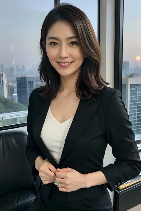 top-quality, (Hairstyle is straight), (Tight black suit jacket), (Tight black suit skirt),(White camisole in satin material), (Glossy white camisole), (Glossy black suit), (black business suits), A smile:0.25, Bewitching face:0.5, Hair color is brown close...