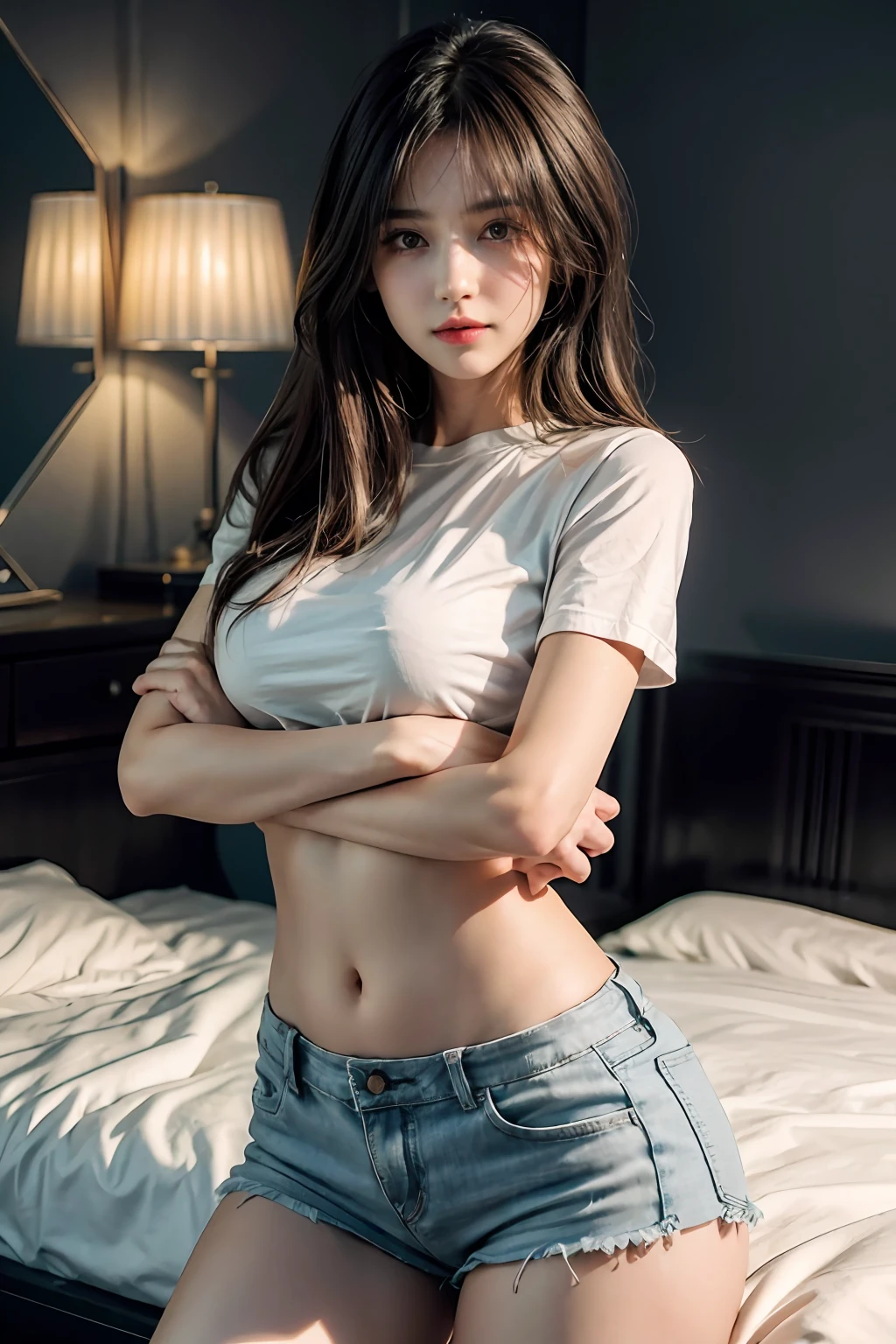 best qualtiy， tmasterpiece， A high resolution，8K，（realisticlying：1.4），超A high resolution，1girll， ultra - detailed， hyper realisitc， highly detailed CGillustration， offcial art， cinematric light， Realistis， young and beautiful girl， perfect body figure， perfect body figure， full pov， Perfect body， （Starting below：1.3）， lewd poses， long sexy legs， self-assured， Beautiful Sexy， Gray short sleeves， Open Abdomen， Black Super Shorts， S-shaped body， upturned buttocks，posing on a，Pose，Different Perspectives
